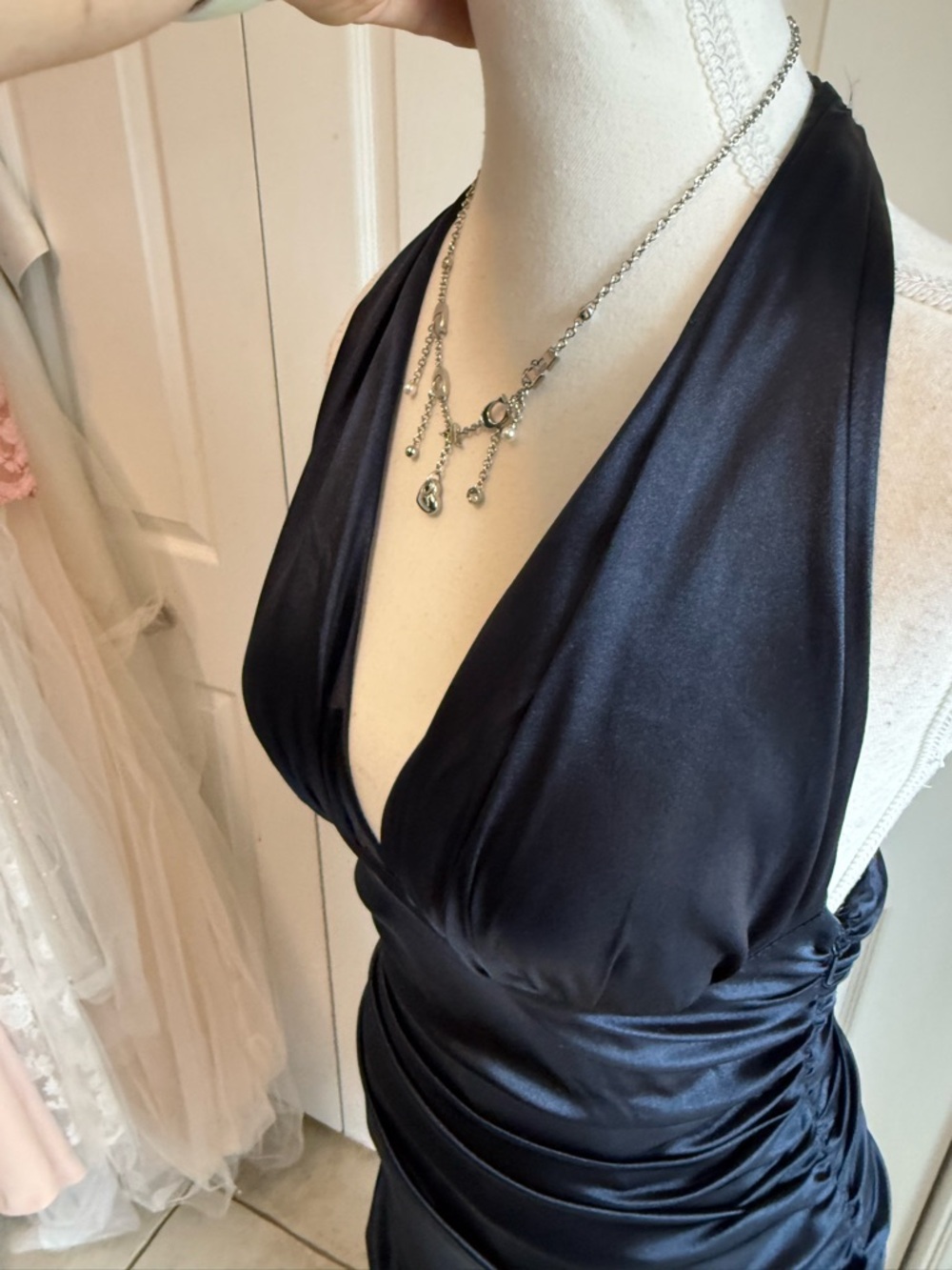 Morgan & Co. Navy Satin Halter Asymmetrical Ruffle Dress - Picture 10 of 14